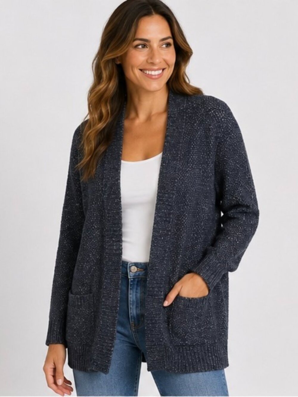Pink Clover Women’s Open Front Knit Cardigan Sweater Long Sleeve Gray Charcoal